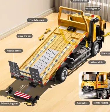 1:18 Scale Tow Truck Flatbed Diecast Model with openable doors, working lights and extendable ramp, imagecaption=Premium 1:18 diecast tow truck flatbed toy – openable cabin, functional lights and loading ramp.