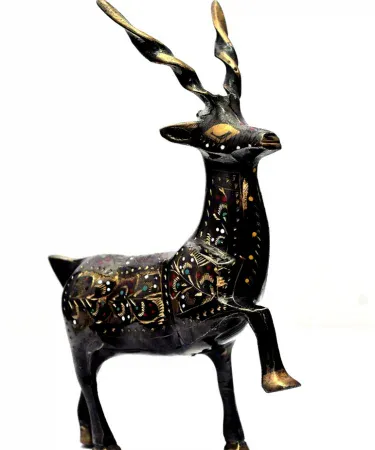 Markhor brass deer sculpture with golden floral detailing, handcrafted home decor piece