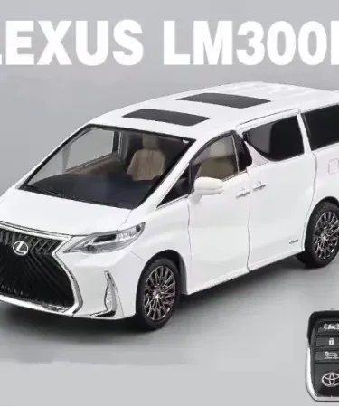 1:24 Lexus LM300 MPV alloy diecast model with remote key, LED lights, pull‑back action and openable doors, imagecaption=Detailed view of the 1:24 Lexus LM300 luxury MPV diecast model showcasing metal body, light & sound features and openable doors.