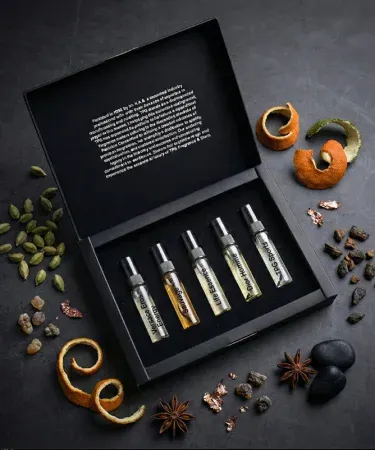 Men’s Discovery Set – 5 Top Rated Perfume Testers for Men in premium black gift box, showcasing fresh, bold, woody and musky scents for Pakistani shoppers