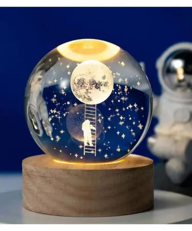 3D Crystal Ball Lamp with Galaxy Design and Wooden Base