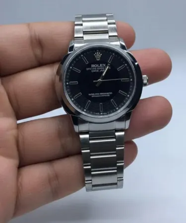 Premium stainless steel Rolex watch with silver chain strap and black dial – Khareedo Kharedo