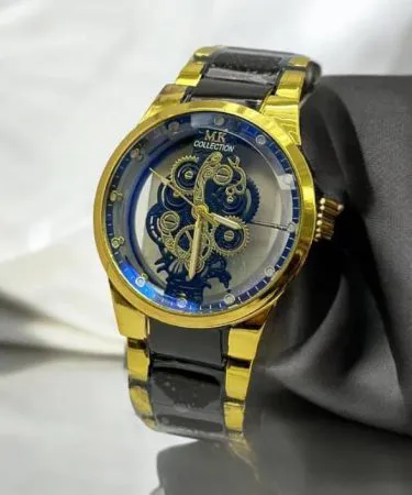 Men's Golden Black Formal Analogue Watch with Stainless Steel Band**