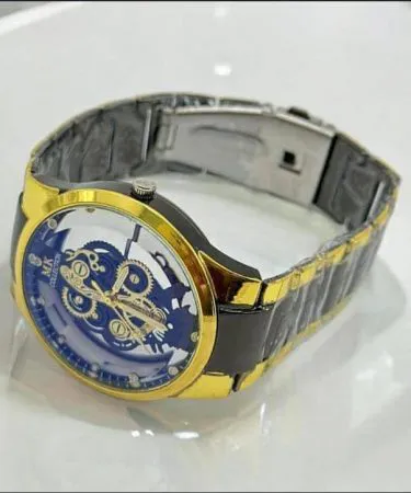 Men's Golden Black Formal Analogue Watch with Stainless Steel Band**