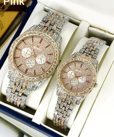Stainless Steel Diamond Stone Couple Watches – matching analogue set for men and women, elegant stainless steel finish, diamond‑cut stone dial, perfect for couples, high‑quality Pakistani online store