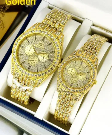 Stainless Steel Diamond Stone Couple Watches – matching analogue set for men and women, elegant stainless steel finish, diamond‑cut stone dial, perfect for couples, high‑quality Pakistani online store