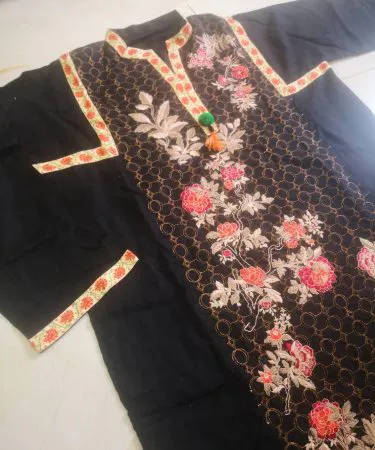 women stylish embroidered khaddar linen shirt front view, imagecaption=Elegant women’s embroidered khaddar & linen shirt available on Khareedo | Kharedo,