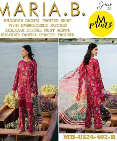 Stylemart Maria B Khaddar 3‑PC printed shirt and shawl printed trouser set, imagecaption=Stylemart Maria B Khaddar 3 PC set – printed shirt with matching shawl trouser,