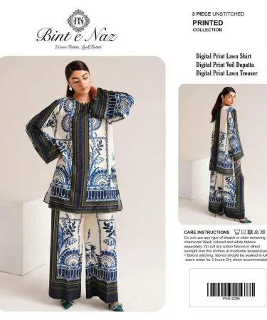 Bintanaz lawn collection printed shirt, matching trousers and vibrant lawn dupatta – premium summer outfit, imagecaption=Elegant Bintanaz printed lawn set (shirt, trousers & dupatta) available on Khareedo | Kharedo.