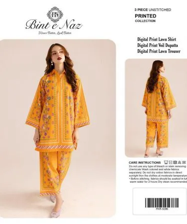 Bintanaz lawn collection printed shirt, matching trousers and vibrant lawn dupatta – premium summer outfit, imagecaption=Elegant Bintanaz printed lawn set (shirt, trousers & dupatta) available on Khareedo | Kharedo.
