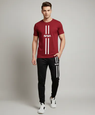 Polyester Macroo men’s black 2‑piece tracksuit set with T‑shirt and shorts displayed on a mannequin