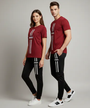 Polyester Macroo men’s black 2‑piece tracksuit set with T‑shirt and shorts displayed on a mannequin