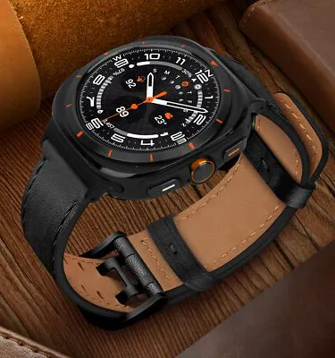 Samsung Galaxy Watch 7 Ultra 47mm leather business strap with white contrast stitching and silver‑tone buckle, imagecaption=Premium leather business strap for Samsung Galaxy Watch 7 Ultra – available now on Khareedo & Kharedo.