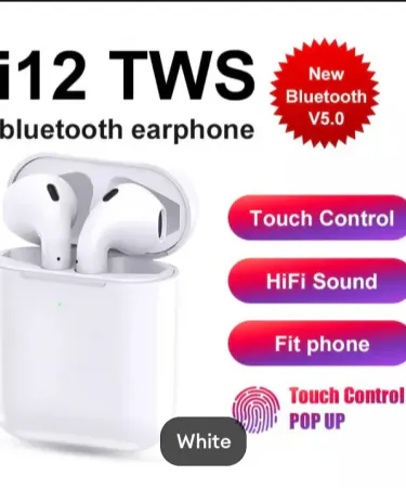 i12 TWS Wireless Bluetooth Earbuds with sleek charging case, black finish, showing touch control panel and compact portable case