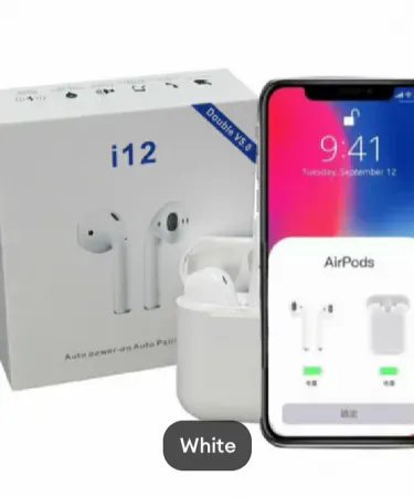 i12 TWS Wireless Bluetooth Earbuds with sleek charging case, black finish, showing touch control panel and compact portable case