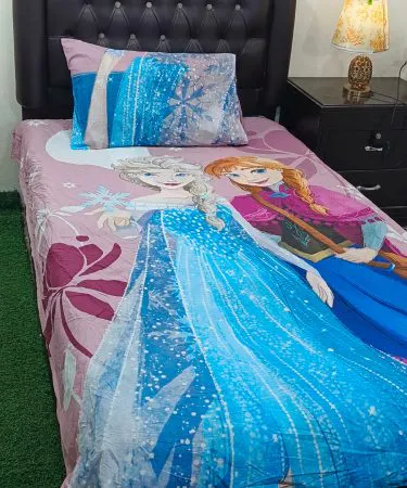 Single cotton bedsheet for baby girls with colorful cartoon character print and matching pillow cover, imagecaption=Adorable cartoon‑printed cotton bedsheet (60×90 in) with pillow cover – perfect for a cozy nursery.,
