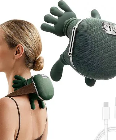 Electric hand‑shaped neck and shoulder massager with adjustable strap on a modern home desk, imagecaption=Hands‑free ergonomic neck & shoulder massager from Khareedo | Kharedo – perfect for stress relief and muscle tension.
