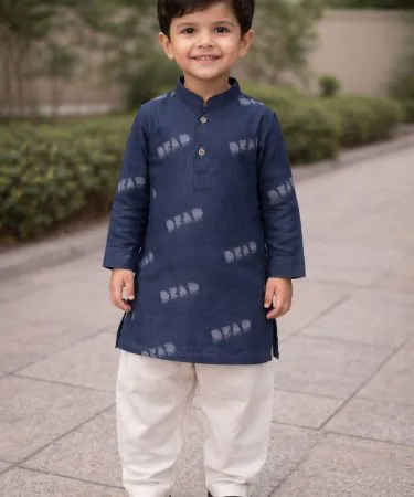Printed kurta for boy with matching pajama in vibrant colors, imagecaption=Stylish printed kurta and pajama set for boys – perfect for festivals and parties,