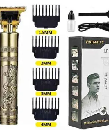 Vintage T9 Professional Hair & Beard Trimmer – full metal body with stainless steel T‑blade, USB rechargeable, low‑noise motor, includes guide combs and cleaning brush
