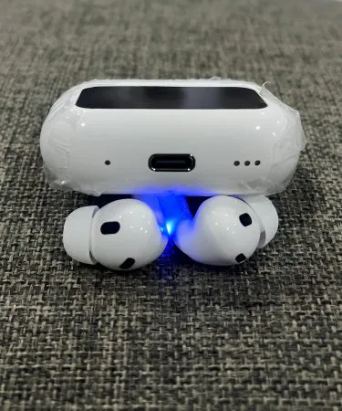 LED Display Wireless Earbuds with digital battery indicator showing battery percentage on charging case, sleek black design, touch controls visible.