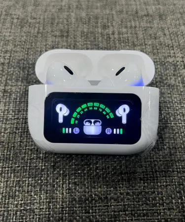 LED Display Wireless Earbuds with digital battery indicator showing battery percentage on charging case, sleek black design, touch controls visible.