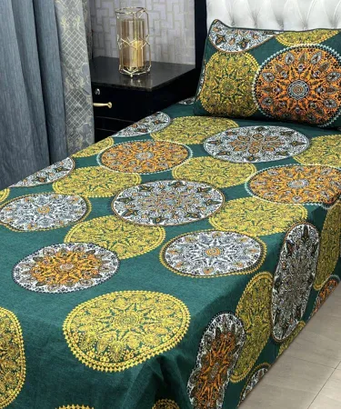 Single cotton bedsheet with matching pillow cover for a single bed, neatly folded on a wooden surface, showcasing the soft texture and vibrant color. , imagecaption=Premium Single Bedsheet Set with Pillow Cover – Perfect for a cozy single bed, available on Khareedo | Kharedo. ,