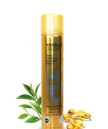 Yardlie Nova Gold Hair Spray bottle with gold finish on white background, imagecaption=Yardlie Nova Gold Hair Spray – premium styling spray available on Khareedo & Kharedo.
