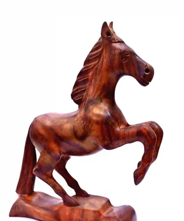 Handcrafted large wooden horse decorative figurine displayed on a wooden shelf, imagecaption=Elegant large wooden horse showpiece – perfect for home décor