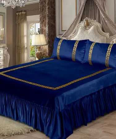 Elegant 3PC Shine Velvet Applique Bridal Bedset with frilled bedsheet and embroidered pillow covers on a beautifully made bed, imagecaption=Luxurious bridal bedroom set featuring China Shine Velvet (Malai) fabric, free delivery and Check‑on‑Delivery service by Khareedo|Kharedo.