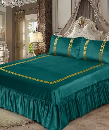 3PC Shine Velvet Applique Bridal Bedset featuring a plush China Shine Velvet bedsheet with 15‑inch frill and two elegant pillow covers with intricate applique design, imagecaption=Elegant 3PC Shine Velvet Applique Bridal Bedset – Perfect for a luxurious bridal bedroom,