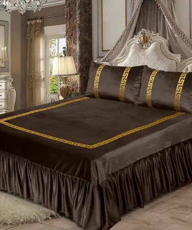 3PC Shine Velvet Applique Bridal Bedset – luxury bedsheet with frill and applique pillow covers, premium China Shine Velvet fabric, elegant bedroom décor