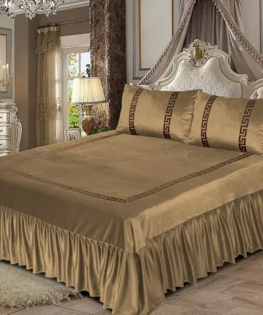 3PC Shine Velvet Applique Bridal Bedset – luxury velvet bedsheet with frill and applique pillow covers , imagecaption=Elegant Shine Velvet Applique Bridal Bedset – 3‑piece luxury set for a regal bedroom ,