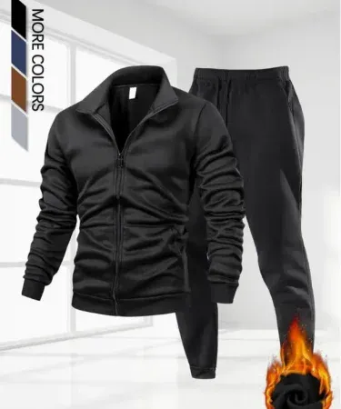 2 pcs men’s fleece plain zipper track suit in black and brown, imagecaption=Men’s fleece zip track suit set – black and brown,