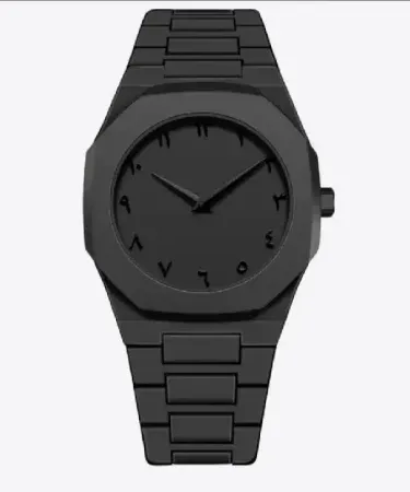 Premium black Arabic watch with sleek black dial, Arabic numerals, stainless steel case, and leather strap