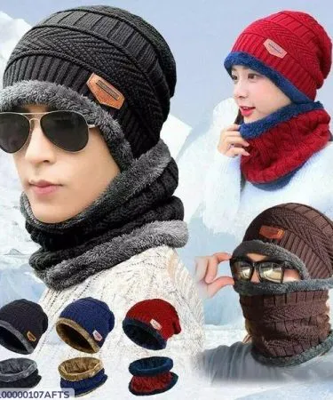 2 pcs casual wool winter beanie and scarf set in black, red, blue, and brown – stylish and cozy kids accessory
