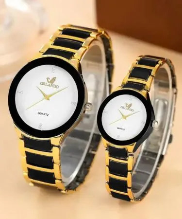 Luxury-Stylish-Couple-Watch-Set-Black-Golden-Pack-of-2-Unisex-Stainless-Steel-Watches**
