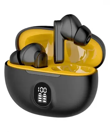 black wireless stereo earbuds with charging case and charger cable