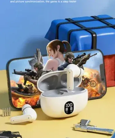 black wireless stereo earbuds with charging case and charger cable