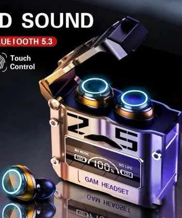 Wireless Airbuds M25 white earbuds with smart LED charging case, showing ANC and fast charging features