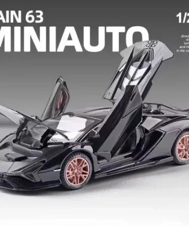 1:24 Lamborghini Sian FKP37 diecast model with smoke exhaust, LED lights, sound and openable scissor doors, imagecaption=Premium 1:24 scale Lamborghini Sian FKP37 alloy diecast model – smoke effect, lights, sound and pull‑back function.