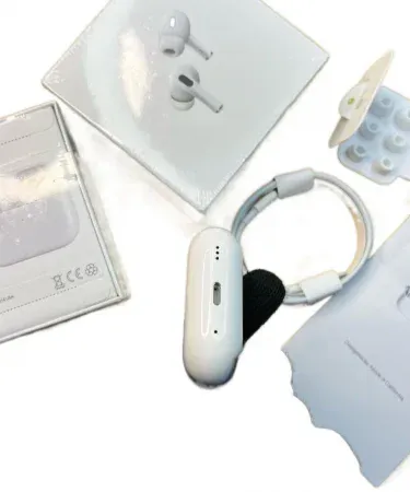 Earpods Pro 2nd Generation wireless earbuds with charging case, sleek black design, shown on a modern desk