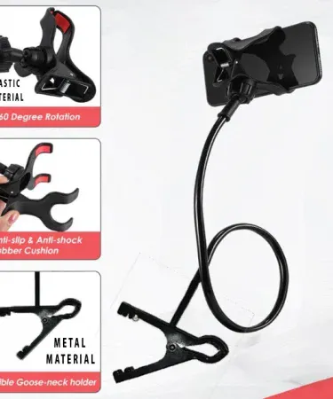 Metal flexible 360° rotating mobile phone holder on a desk, imagecaption=Versatile metal phone holder with 700 mm gooseneck arm for bedside and desk use.