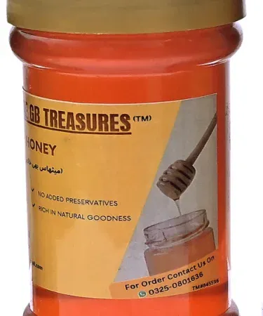 Pure Gilgit Baltistan Organic Honey 200 ml jar – raw mountain honey, no preservatives, natural floral flavor, packaged by Khareedo & Kharedo, imagecaption=Pure Gilgit Baltistan Organic Honey – 200 ml jar of 100 % natural raw mountain honey, perfect for tea, desserts and cooking.