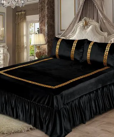 3PC Shine Velvet Applique Bridal Bedset featuring a plush China Shine Velvet bedsheet with frill and matching applique pillow covers, luxurious bedroom décor