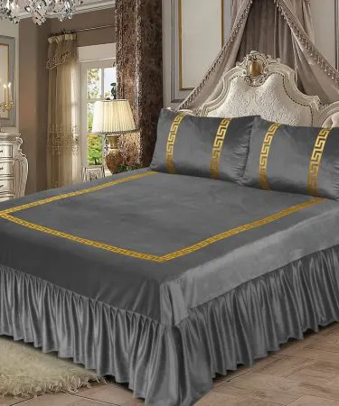 3PC Shine Velvet Applique Bridal Bedset – luxurious velvet bedsheet with frill and matching applique pillow covers, imagecaption=Elegant 3PC Shine Velvet Applique Bridal Bedset – perfect for a luxurious bridal bedroom.