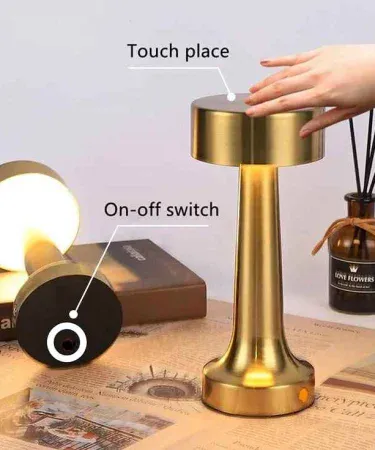 Golden Mushroom rechargeable LED table lamp with touch sensor and USB‑C charging, showing three light mode icons on a modern desk. , imagecaption=Golden Mushroom LED Table Lamp – perfect for study, work, and ambient lighting, available on Khareedo | Kharedo across Pakistan. ,