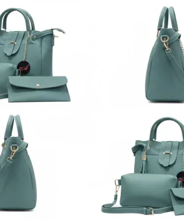 3 pcs ladies hand bag set – stylish PU leather main handbag, shoulder bag and compact pouch displayed together, imagecaption=Elegant 3‑piece PU leather handbag set perfect for party and daily use.