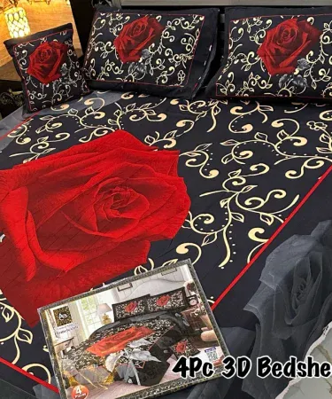 4 piece 3D crystal cotton king size bedsheet set with two pillow covers and one cushion cover displayed on a double bed, imagecaption=Premium 4‑Piece 3D Crystal Cotton King Size Bedsheet Set – Includes 2 Pillow Covers & 1 Cushion Cover.