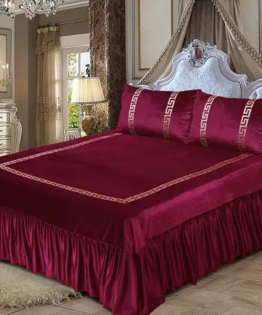 3PC Shine Velvet Applique Bridal Bedset – luxury bedsheet with frill and applique pillow covers, China Shine Velvet (Malai) fabric – Khareedo