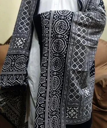 Black Sindhi Ajrak and cotton shawl set for men, women and girls – handcrafted Sindhi patterns